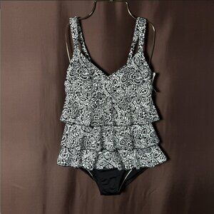 Lands' End Women's XS, XS-S LONG Ruffle Fauxkini One Piece Swimsuit Smoothing Co